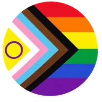 Progress Pride flag in a circle: rainbow stripes with a chevron of white, pink, pale blue, brown and black, and a purple ring on yellow